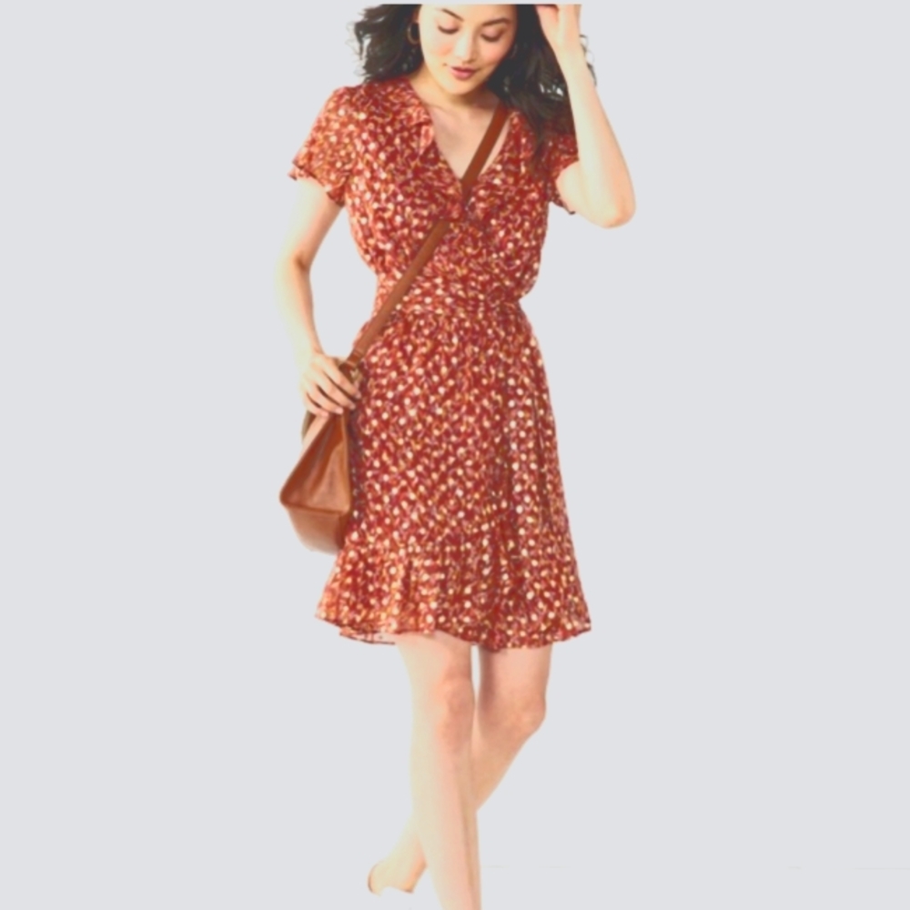 LC Ruffle Neck Flutter-Sleeve Wrap Dress